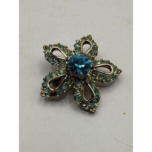 Vintage Gold Tone Flower Brooch With Blue Rhinestones